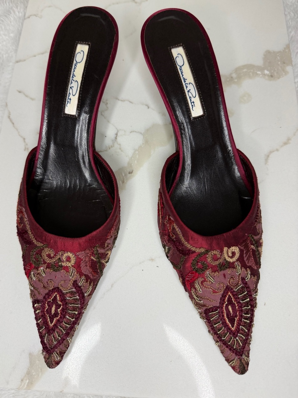 Vintage Oscar de la Renta Burgundy Embroidered Pointed Mules